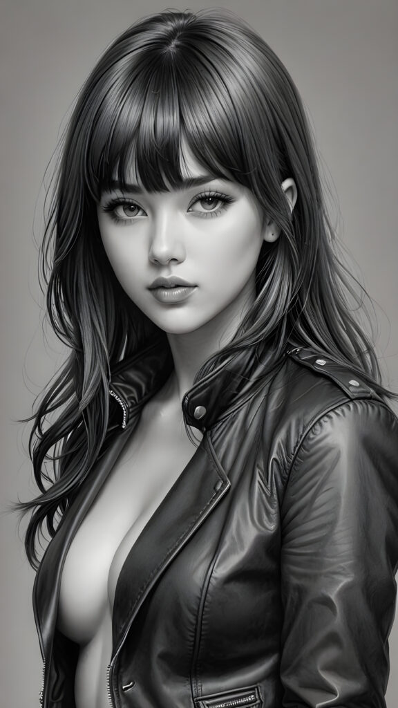 a young beautiful teen girl, perfect curved body, realistic detailed hair, fit body, full lips, crop black jacket, ((straight hair, bangs cut), ((stunning)) ((gorgeous)) ((detailed upper body portrait)), ((grey background)) ((a charcoal pencil drawing by hand))