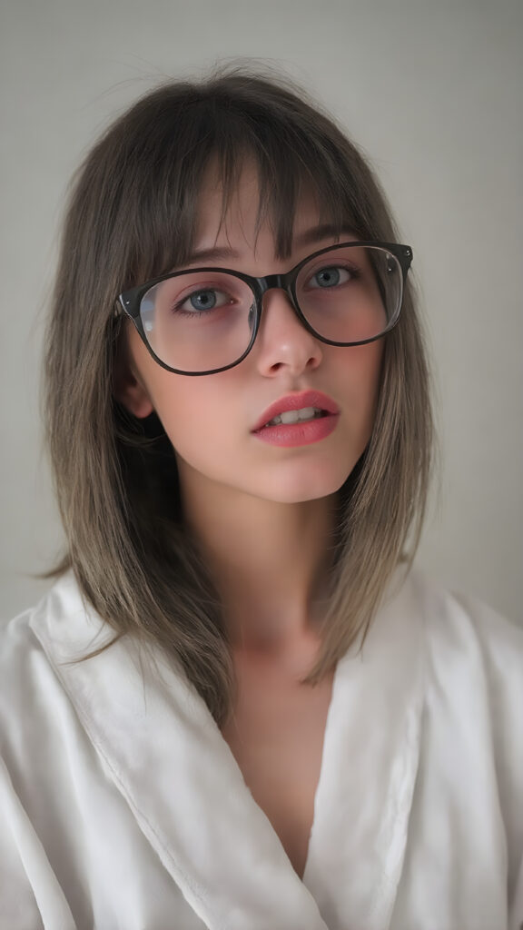 a young beautiful Exotic teen girl, wearing a large, dark prescription glasses, she wears a white bathrobe, she has (full red lips) and her mouth is slightly open, she has long (((detailed straight shoulder-length dark hair, bangs that are parted to the side))), and (realistic dark eyes), ((angelic face)), ((grey background)), perfect shadows, weak light falls into the picture from the side, perfect curved body, she looks seductively at the viewer, flawless skin, white teeth, ((side view)) ((ultra realistic photo)) ((stunning)) ((gorgeous)) ((4k)) ((upper body))