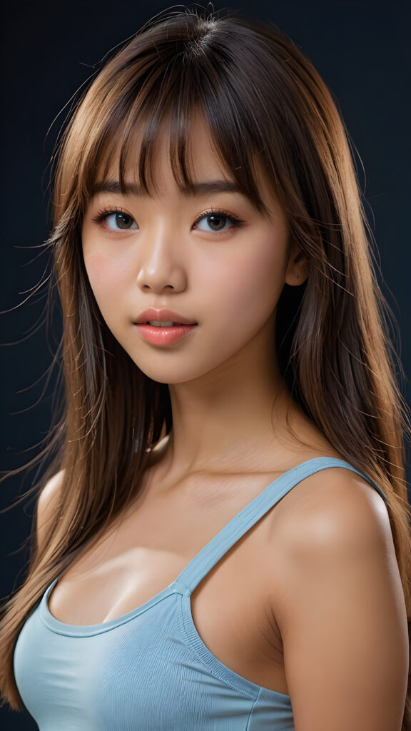 a young beautiful Asian teen girl, she has full lips and her mouth is slightly open ready to kiss, she has long (((detailed straight shoulder-length hair, bangs that are parted to the side))), and (realistic light blue eyes), ((angelic face)), dark background, perfect shadows, weak light falls into the picture from the side, she wears a tight (((crop top))), perfect curved body, she looks seductively at the viewer, flawless skin, white teeth, ((side view)) ((ultra realistic photo)) ((stunning)) ((gorgeous)) ((4k)) ((upper body))