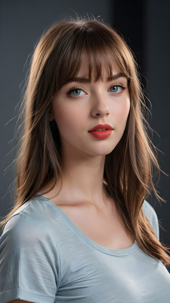 a young beautiful young girl, she has full red lips and her mouth is slightly open ready to kiss, she has long (((detailed soft straight hair in bangs cut))) (her hair falls on her shoulders), and (realistic light blue eyes), ((angelic face)), black background, perfect shadows, weak light falls into the picture from the side, she wears a tight (((she wears a grey short form-fitting t-shirt))), perfect curved body, she looks seductively at the viewer, flawless skin, ((side view)) ((ultra realistic photo)) ((stunning)) ((gorgeous)) ((4k)), full body