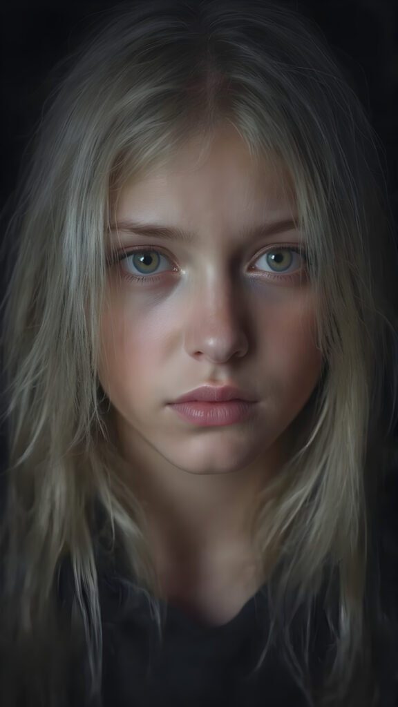 a young beautiful Exotic teen girl, dimmed light falls on her face, she has long (((platinum white straight hair))) and amber eyes, ((angelic round face)), ((realistic, detailed portrait)), dark background, perfect shadow, she wears a hoodie, looks tired at the viewer