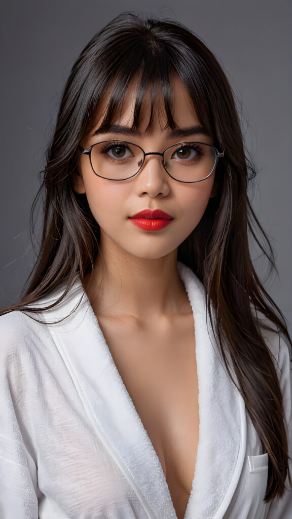 a young beautiful Exotic teen girl, wearing a large, dark prescription glasses, she wears a white bathrobe, she has (full red lips) and her mouth is slightly open, she has long (((detailed straight shoulder-length dark hair, bangs that are parted to the side))), and (realistic dark eyes), ((angelic face)), ((grey background)), perfect shadows, weak light falls into the picture from the side, perfect curved body, she looks seductively at the viewer, flawless skin, white teeth, ((side view)) ((ultra realistic photo)) ((stunning)) ((gorgeous)) ((4k)) ((upper body))