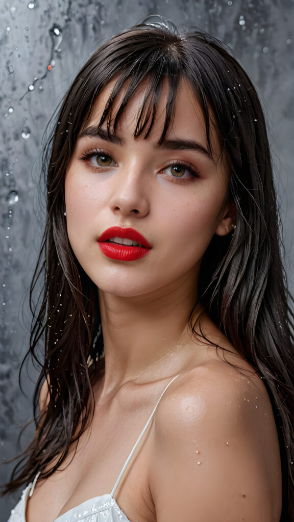 a young beautiful young busty teen girl, she has (full red lips) and her mouth is slightly open, she has long (((detailed straight wet shoulder-length dark hair, bangs that are parted to the side))), and (realistic dark eyes), ((round angelic face)), ((grey background)), perfect shadows, weak light falls into the picture from the side, perfect curved body, she looks seductively at the viewer, flawless skin, white teeth, ((side view)) ((ultra realistic photo)) ((stunning)) ((gorgeous)) ((4k)) ((upper body))