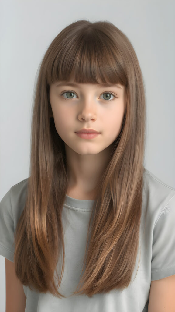 a young beautiful tanned cute teen girl, ((straight soft shoulder-long light brown hair in bangs cut)), grey background, ((stunning)) ((gorgeous)) ((4k)) ((realistic detailed portrait, upper body, 1:4))), she wears a plain, short thin t-shirt