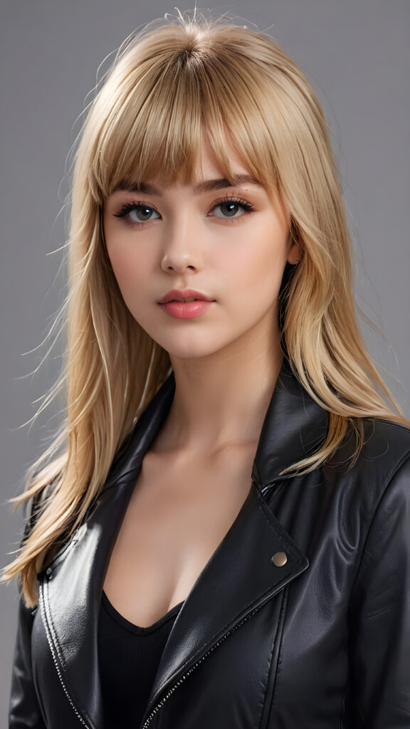 a young beautiful cute petite teen girl, perfect curved body, full lips, wears a black jacket, ((straight blond hair, bangs cut), ((stunning)) ((gorgeous)), ((grey background)) ((a drawing from points))