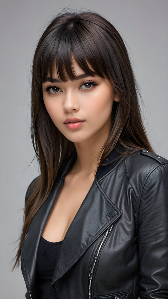 a young beautiful teen girl, perfect curved body, full lips, crop black jacket, ((straight hair, bangs cut), ((stunning)) ((gorgeous)), ((grey background)) ((a figure drawing))