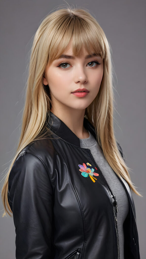 a young beautiful cute petite teen girl, perfect curved body, full lips, wears a black jacket, ((straight blond hair, bangs cut), ((stunning)) ((gorgeous)), ((grey background)) ((a drawing from points))