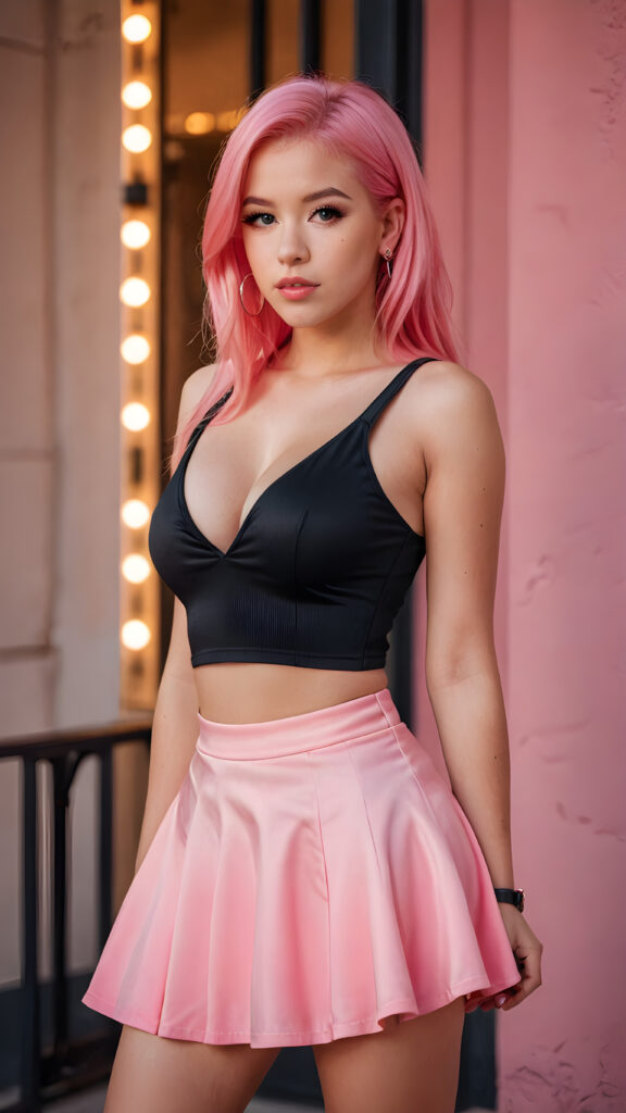 a young beautiful busty teen girl, wears a ((black deep v-neck tank top)) and ((round pink mini skirt)), (long straight neon pink hair), flawless skin, ((stunning)) ((gorgeous)) ((detailed full body portrait)), ((full lips))