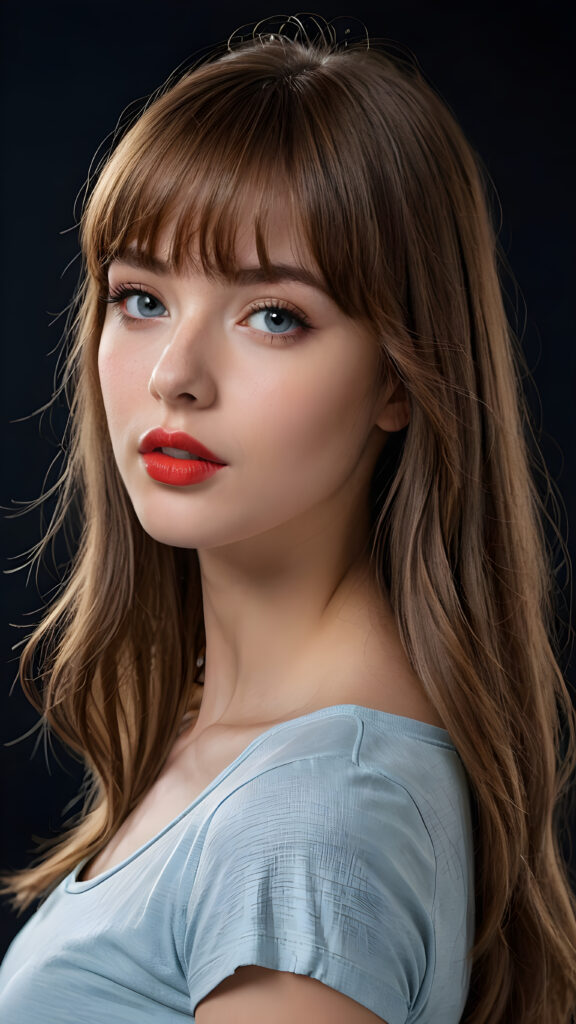 a young beautiful young girl, she has full red lips and her mouth is slightly open ready to kiss, she has long (((detailed soft straight hair in bangs cut))) (her hair falls on her shoulders), and (realistic light blue eyes), ((angelic face)), black background, perfect shadows, weak light falls into the picture from the side, she wears a tight (((she wears a grey short form-fitting t-shirt))), perfect curved body, she looks seductively at the viewer, flawless skin, ((side view)) ((ultra realistic photo)) ((stunning)) ((gorgeous)) ((4k)), full body