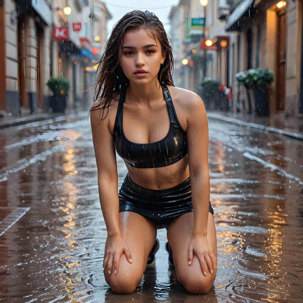 a young beautiful cute teen girl, is kneeling on the ground, heavy rain in the street, straight wet hair, she is sad, perfect curved fit body, dressed in a body-hugging manner, short crop sport tank top and short mini skirt, she looks seductive, full lips, perfect shadows, cinematic lights, ((stunning)) ((gorgeous)) ((4k)) ((realistic detailed photo)) ((front view))