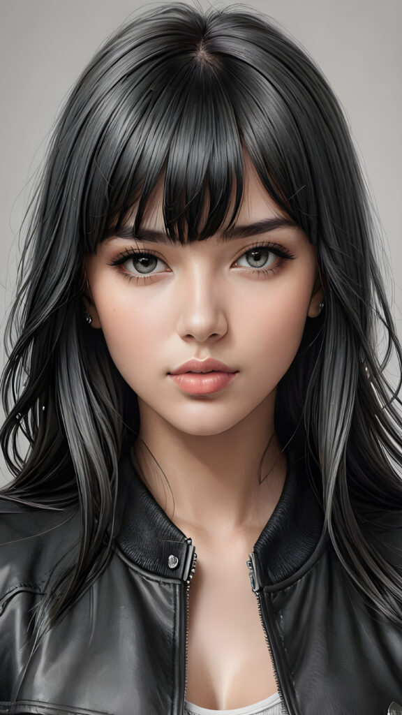 a young beautiful teen girl, perfect curved body, realistic detailed hair, fit body, full lips, crop black jacket, ((straight hair, bangs cut), ((stunning)) ((gorgeous)) ((detailed upper body portrait)), ((grey background)) ((a charcoal pencil drawing by hand))