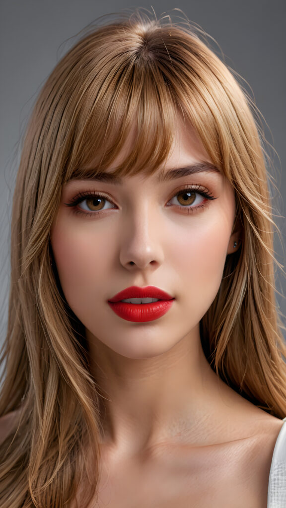 a young beautiful girl, she has (full red lips) and her mouth is slightly open, she has long (((detailed straight shoulder-length brown blond hair, bangs that are parted to the side))), and (realistic dark eyes), ((angelic face)), ((grey background)), perfect shadows, weak light falls into the picture from the side, perfect curved body, she looks seductively at the viewer, flawless skin, white teeth, ((side view)) ((ultra realistic photo)) ((stunning)) ((gorgeous)) ((4k)) ((upper body))