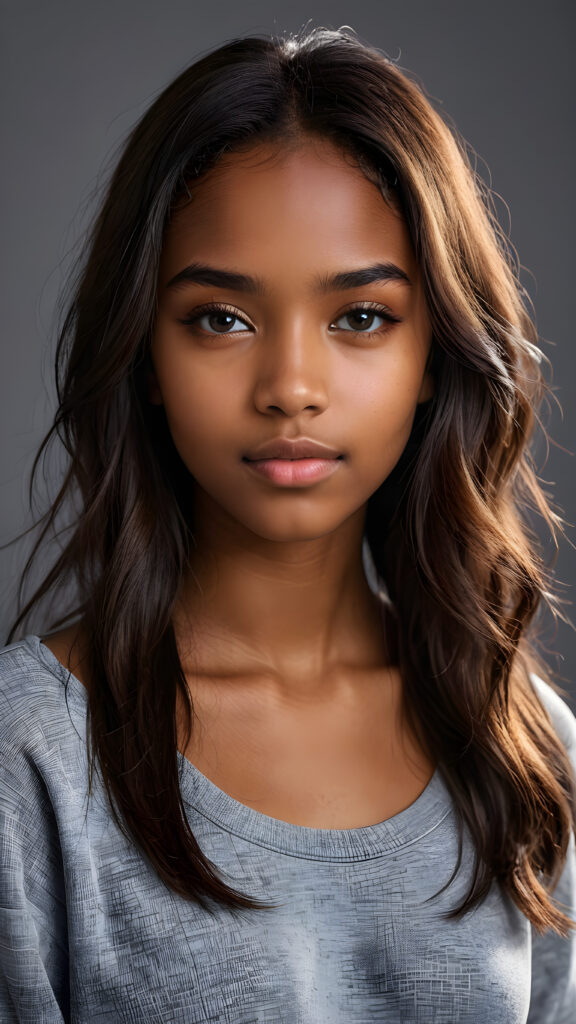 a young beautiful dark-skinned cute teen girl, straight hair, grey background, ((stunning)) ((gorgeous)) ((4k)) ((realistic detailed photo))