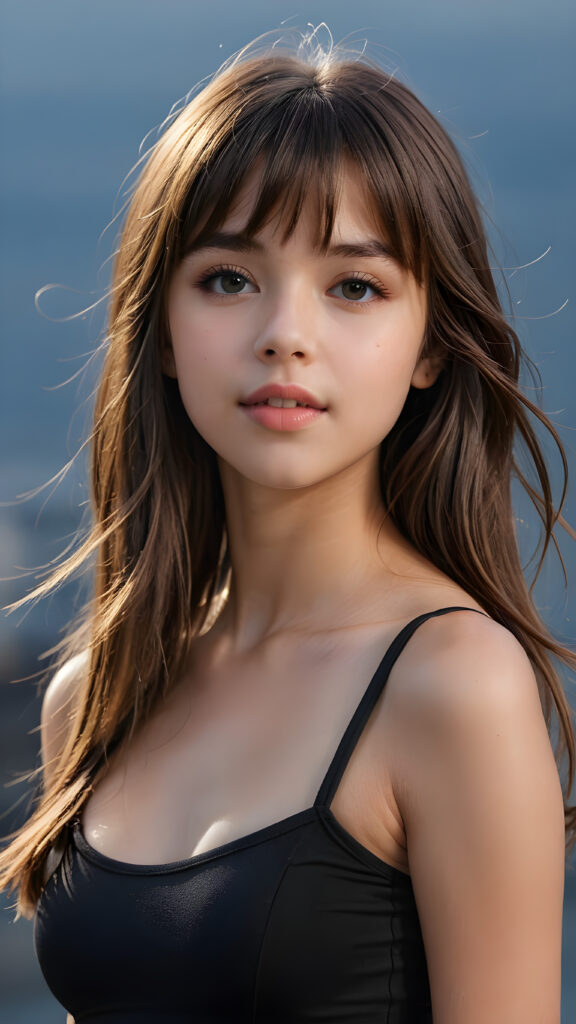 a young beautiful teen girl, 16 years old, she has full lips and her mouth is slightly open ready to kiss, she has long (((detailed brown straight shoulder-length hair, bangs that are parted to the side))), and (realistic light blue eyes), ((angelic face)), dark background, perfect shadows, weak light falls into the picture from the side, she wears a tight (((crop top in black))), perfect curved body, she looks seductively at the viewer, flawless skin, white teeth, ((side view)) ((ultra realistic photo)) ((stunning)) ((gorgeous)) ((4k)) ((upper body))