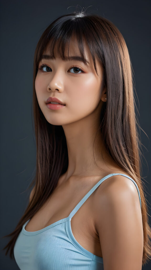 a young beautiful Asian teen girl, she has full lips and her mouth is slightly open ready to kiss, she has long (((detailed straight shoulder-length hair, bangs that are parted to the side))), and (realistic light blue eyes), ((angelic face)), dark background, perfect shadows, weak light falls into the picture from the side, she wears a tight (((crop top))), perfect curved body, she looks seductively at the viewer, flawless skin, white teeth, ((side view)) ((ultra realistic photo)) ((stunning)) ((gorgeous)) ((4k)) ((upper body))