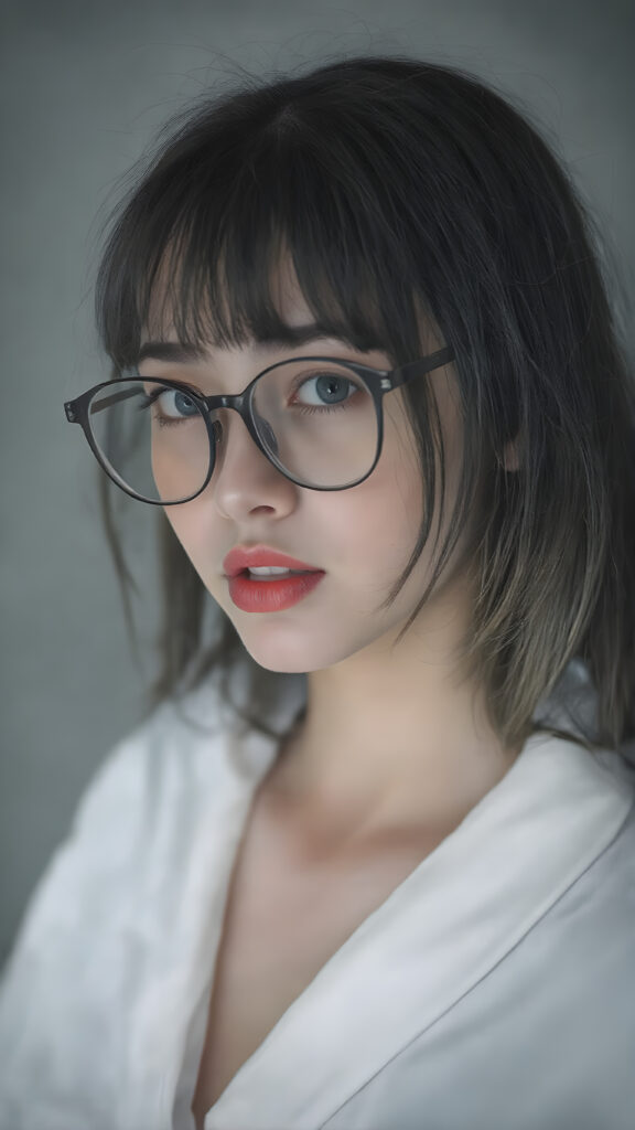 a young beautiful Exotic teen girl, wearing a large, dark prescription glasses, she wears a white bathrobe, she has (full red lips) and her mouth is slightly open, she has long (((detailed straight shoulder-length dark hair, bangs that are parted to the side))), and (realistic dark eyes), ((angelic face)), ((grey background)), perfect shadows, weak light falls into the picture from the side, perfect curved body, she looks seductively at the viewer, flawless skin, white teeth, ((side view)) ((ultra realistic photo)) ((stunning)) ((gorgeous)) ((4k)) ((upper body))