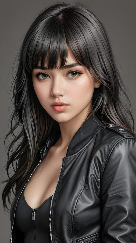 a young beautiful teen girl, perfect curved body, realistic detailed hair, fit body, full lips, crop black jacket, ((straight hair, bangs cut), ((stunning)) ((gorgeous)) ((detailed upper body portrait)), ((grey background)) ((a charcoal pencil drawing by hand))