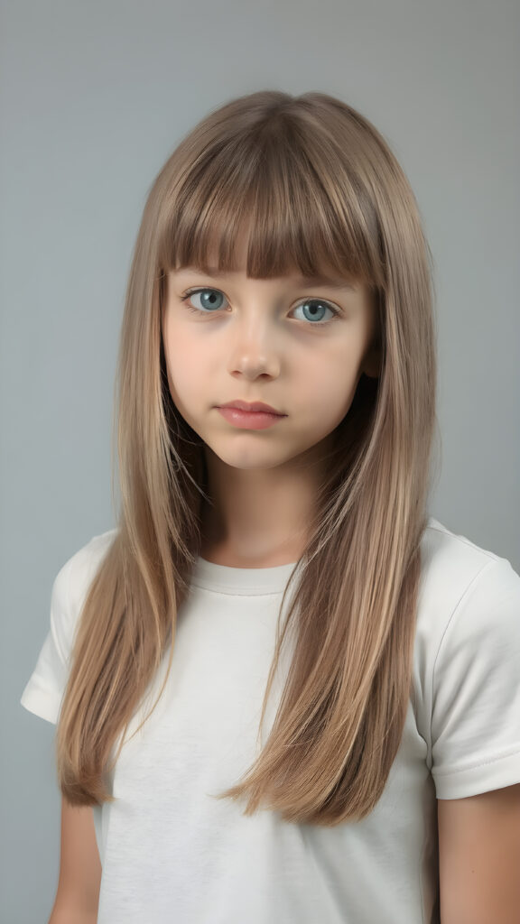 a young beautiful tanned cute teen girl, ((straight soft shoulder-long light brown hair in bangs cut)), grey background, ((stunning)) ((gorgeous)) ((4k)) ((realistic detailed portrait, upper body, 1:4))), she wears a plain, short thin t-shirt