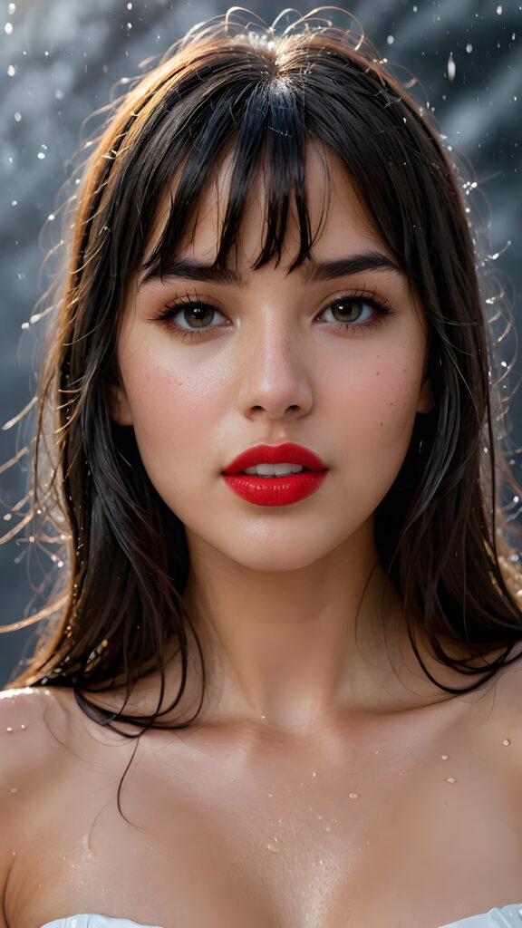 a young beautiful young busty teen girl, she has (full red lips) and her mouth is slightly open, she has long (((detailed straight wet shoulder-length dark hair, bangs that are parted to the side))), and (realistic dark eyes), ((round angelic face)), ((grey background)), perfect shadows, weak light falls into the picture from the side, perfect curved body, she looks seductively at the viewer, flawless skin, white teeth, ((side view)) ((ultra realistic photo)) ((stunning)) ((gorgeous)) ((4k)) ((upper body))