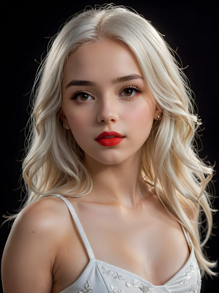 a young beautiful young girl, 16 years old, her mouth is slightly open ready to kiss, ((full red lips)), she has (((detailed long jet straight soft white hair))), and (realistic amber light eyes), ((angelic face)), black background, perfect shadows, weak light falls into the picture, perfect curved body, wears a cropped tank top, she looks seductively at the viewer, flawless skin, ((side view)) ((ultra realistic photo)) ((stunning)) ((gorgeous)) ((4k))