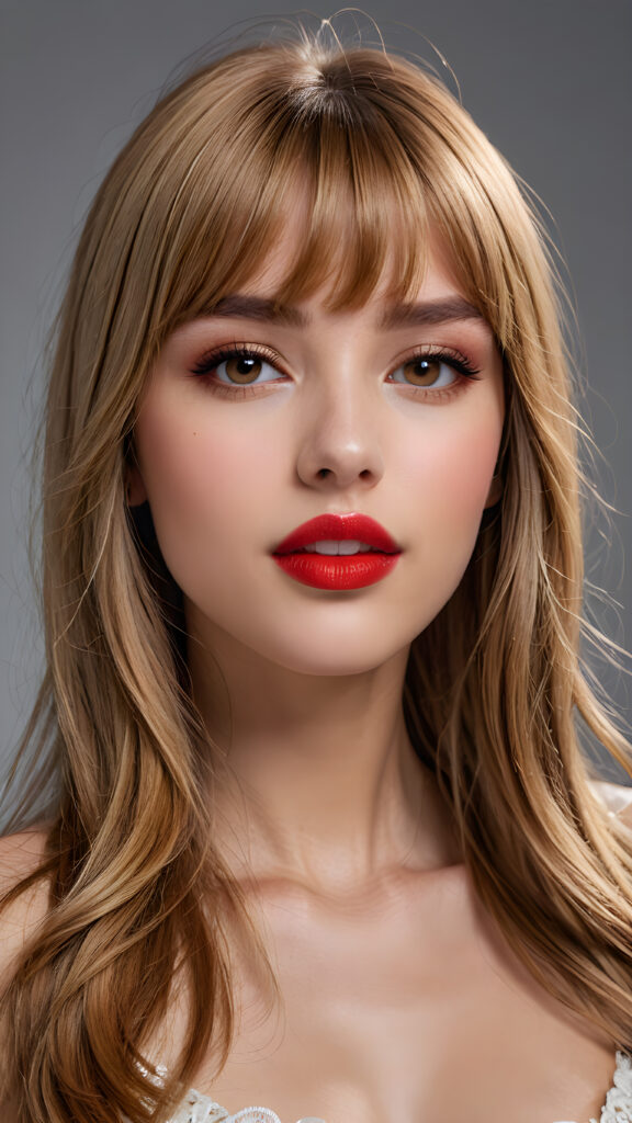 a young beautiful girl, she has (full red lips) and her mouth is slightly open, she has long (((detailed straight shoulder-length brown blond hair, bangs that are parted to the side))), and (realistic dark eyes), ((angelic face)), ((grey background)), perfect shadows, weak light falls into the picture from the side, perfect curved body, she looks seductively at the viewer, flawless skin, white teeth, ((side view)) ((ultra realistic photo)) ((stunning)) ((gorgeous)) ((4k)) ((upper body))