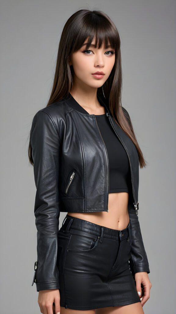 a young beautiful teen girl, perfect curved body, full lips, crop black jacket, ((straight hair, bangs cut), ((stunning)) ((gorgeous)), ((grey background)) ((a figure drawing))