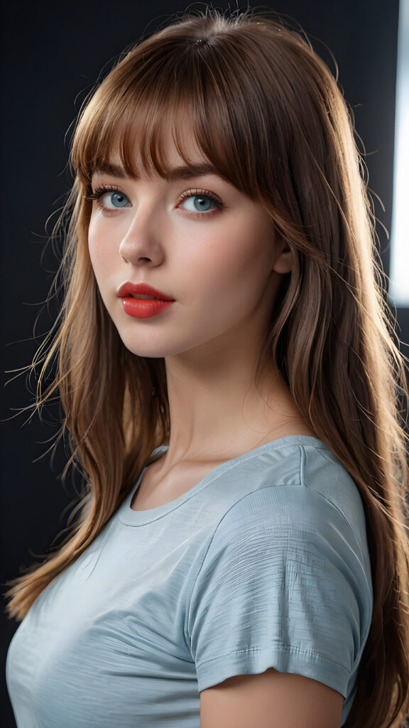 a young beautiful young girl, she has full red lips and her mouth is slightly open ready to kiss, she has long (((detailed soft straight hair in bangs cut))) (her hair falls on her shoulders), and (realistic light blue eyes), ((angelic face)), black background, perfect shadows, weak light falls into the picture from the side, she wears a tight (((she wears a grey short form-fitting t-shirt))), perfect curved body, she looks seductively at the viewer, flawless skin, ((side view)) ((ultra realistic photo)) ((stunning)) ((gorgeous)) ((4k)), full body