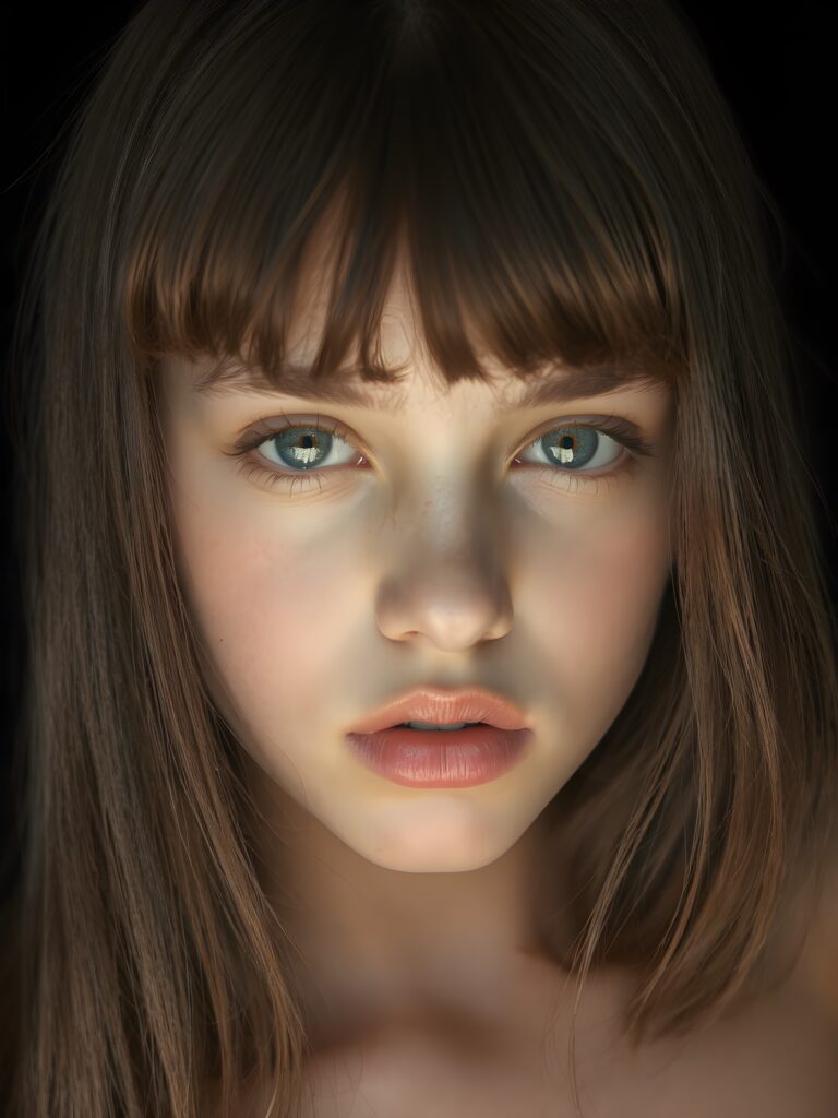 a beautiful young girl, 14 years old, ((jet soft straight hair, bangs frame her face)), ((full natural lips)), (((mouth slightly open))), ((seductive look)), glossy shiny tanned skin, (realistic shiny round light blue eyes), (((angelic face))), black background, (perfect shadows), (light falls into the picture from the side), (perfect curved body), she looks seductively at the viewer, (flawless skin), ((side view)) ((ultra realistic photo)) ((stunning)) ((gorgeous)) ((4k)) ((upper body)), all against a natural grey backtrop