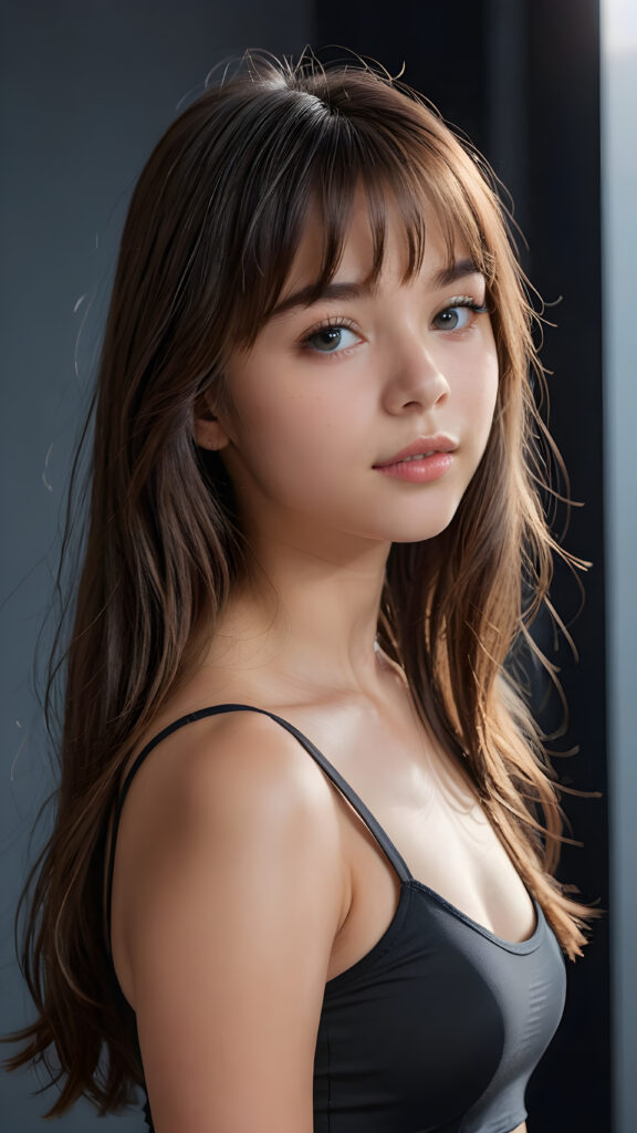 a young beautiful teen girl, 16 years old, she has full lips and her mouth is slightly open ready to kiss, she has long (((detailed brown straight shoulder-length hair, bangs that are parted to the side))), and (realistic light blue eyes), ((angelic face)), dark background, perfect shadows, weak light falls into the picture from the side, she wears a tight (((crop top in black))), perfect curved body, she looks seductively at the viewer, flawless skin, white teeth, ((side view)) ((ultra realistic photo)) ((stunning)) ((gorgeous)) ((4k)) ((upper body))