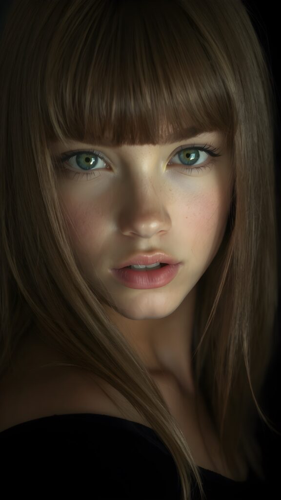 a young beautiful girl, ((jet soft straight light brown hair, bangs frame her face)), ((full natural lips)), (((mouth slightly open))), ((seductive look)), glossy shiny tanned skin, (realistic shiny round light blue eyes), (((angelic face))), black background, (perfect shadows), (light falls into the picture from the side), (perfect curved body), she looks seductively at the viewer, (flawless skin), ((side view)) ((ultra realistic photo)) ((stunning)) ((gorgeous)) ((4k)) ((upper body))