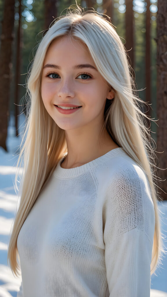 a young beautiful cute young Nordic teen girl, 15 years old, warm smile, dimmed light falls on her, she has long (((white straight long hair, bangs cut))) (her hair falls on her shoulders), and (realistic dark blue eyes), ((angelic round face)), in a dreamy, snowy landscape, perfect shadows, she wears (a ((white tight silk sweater))), perfect curved fit body, she looks seductively at the viewer and smiles slightly, upper body, flawless skin, ((side profile)) ((ultra realistic photo)) ((stunning)) ((gorgeous)) ((4k))