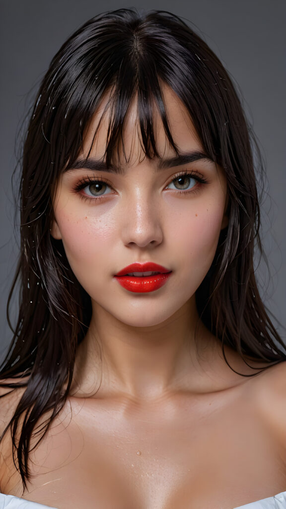 a young beautiful young busty teen girl, she has (full red lips) and her mouth is slightly open, she has long (((detailed straight wet shoulder-length dark hair, bangs that are parted to the side))), and (realistic dark eyes), ((round angelic face)), ((grey background)), perfect shadows, weak light falls into the picture from the side, perfect curved body, she looks seductively at the viewer, flawless skin, white teeth, ((side view)) ((ultra realistic photo)) ((stunning)) ((gorgeous)) ((4k)) ((upper body))