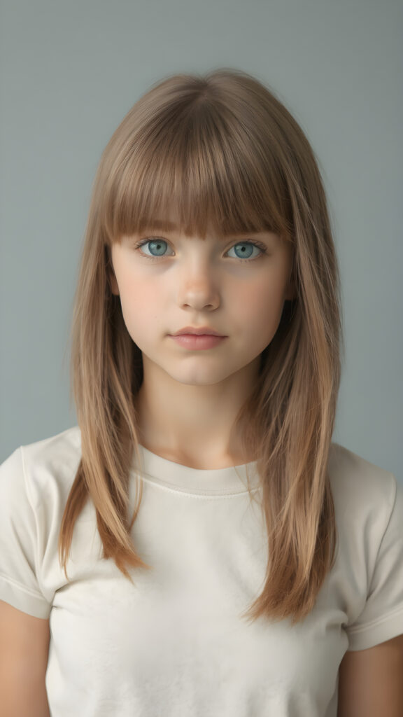 a young beautiful tanned cute teen girl, ((straight soft shoulder-long light brown hair in bangs cut)), grey background, ((stunning)) ((gorgeous)) ((4k)) ((realistic detailed portrait, upper body, 1:4))), she wears a plain, short thin t-shirt