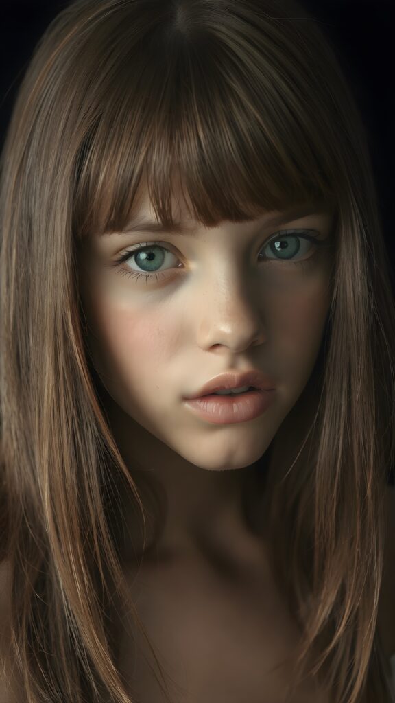 a young beautiful girl, ((jet soft straight light brown hair, bangs frame her face)), ((full natural lips)), (((mouth slightly open))), ((seductive look)), glossy shiny tanned skin, (realistic shiny round light blue eyes), (((angelic face))), black background, (perfect shadows), (light falls into the picture from the side), (perfect curved body), she looks seductively at the viewer, (flawless skin), ((side view)) ((ultra realistic photo)) ((stunning)) ((gorgeous)) ((4k)) ((upper body))