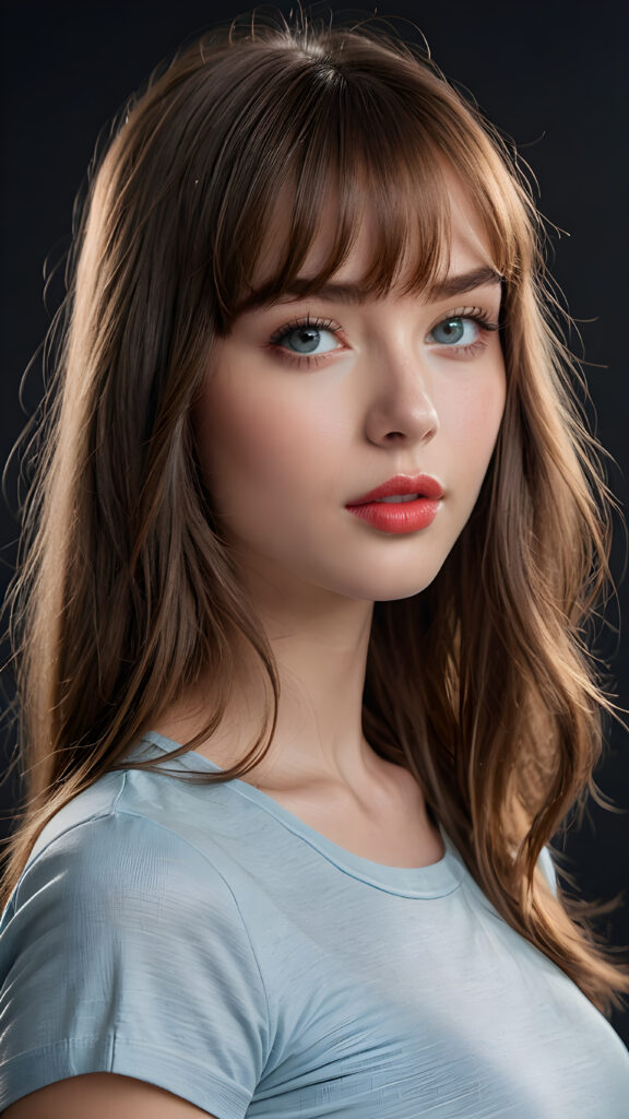 a young beautiful young girl, she has full red lips and her mouth is slightly open ready to kiss, she has long (((detailed soft straight hair in bangs cut))) (her hair falls on her shoulders), and (realistic light blue eyes), ((angelic face)), black background, perfect shadows, weak light falls into the picture from the side, she wears a tight (((she wears a grey short form-fitting t-shirt))), perfect curved body, she looks seductively at the viewer, flawless skin, ((side view)) ((ultra realistic photo)) ((stunning)) ((gorgeous)) ((4k)), full body