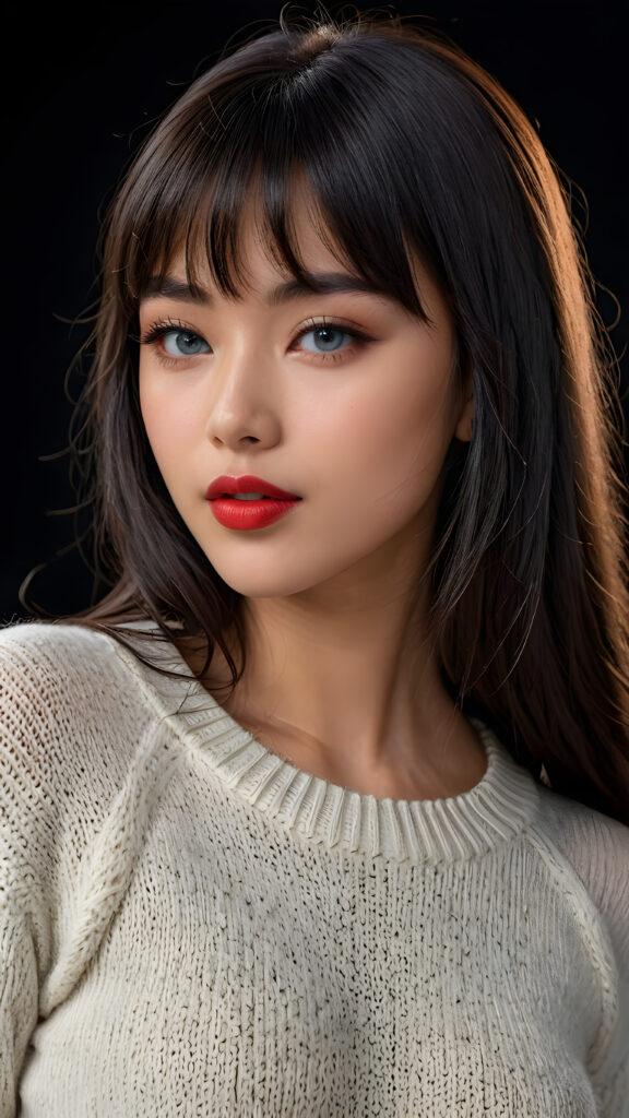 a young beautiful young Indonesian girl, she has full red lips and her mouth is slightly open ready to kiss, she has long (((detailed dark straight hair in bangs cut))) (her hair falls on her shoulders), and (realistic light blue eyes), ((angelic face)), black background, perfect shadows, weak light falls into the picture from the side, she wears a tight (((wool sweater in white))), perfect curved body, she looks seductively at the viewer, flawless skin, ((side view)) ((ultra realistic photo)) ((stunning)) ((gorgeous)) ((4k))