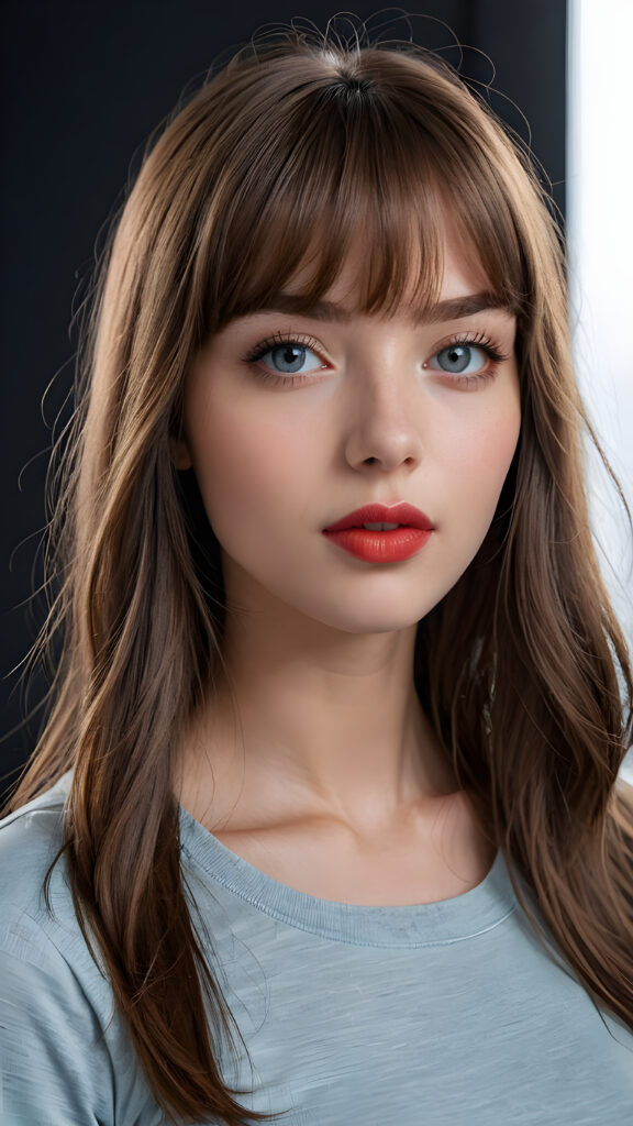 a young beautiful young girl, she has full red lips and her mouth is slightly open ready to kiss, she has long (((detailed soft straight hair in bangs cut))) (her hair falls on her shoulders), and (realistic light blue eyes), ((angelic face)), black background, perfect shadows, weak light falls into the picture from the side, she wears a tight (((she wears a grey short form-fitting t-shirt))), perfect curved body, she looks seductively at the viewer, flawless skin, ((side view)) ((ultra realistic photo)) ((stunning)) ((gorgeous)) ((4k)), full body