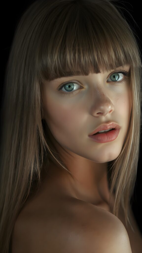 a young beautiful girl, ((jet soft straight light brown hair, bangs frame her face)), ((full natural lips)), (((mouth slightly open))), ((seductive look)), glossy shiny tanned skin, (realistic shiny round light blue eyes), (((angelic face))), black background, (perfect shadows), (light falls into the picture from the side), (perfect curved body), she looks seductively at the viewer, (flawless skin), ((side view)) ((ultra realistic photo)) ((stunning)) ((gorgeous)) ((4k)) ((upper body))