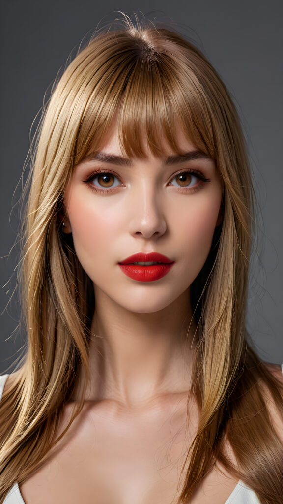 a young beautiful girl, she has (full red lips) and her mouth is slightly open, she has long (((detailed straight shoulder-length brown blond hair, bangs that are parted to the side))), and (realistic dark eyes), ((angelic face)), ((grey background)), perfect shadows, weak light falls into the picture from the side, perfect curved body, she looks seductively at the viewer, flawless skin, white teeth, ((side view)) ((ultra realistic photo)) ((stunning)) ((gorgeous)) ((4k)) ((upper body))