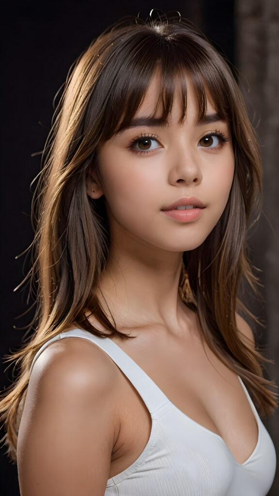 a young beautiful teen girl, she has full lips and her mouth is slightly open ready to kiss, she has long (((detailed brown straight shoulder-length hair, bangs that are parted to the side))), and (realistic light brown eyes), ((angelic face)), dark background, perfect shadows, weak light falls into the picture from the side, she wears a tight (((crop top in white))), perfect curved body, she looks seductively at the viewer, flawless skin, white teeth, ((side view)) ((ultra realistic photo)) ((stunning)) ((gorgeous)) ((4k)) ((upper body))