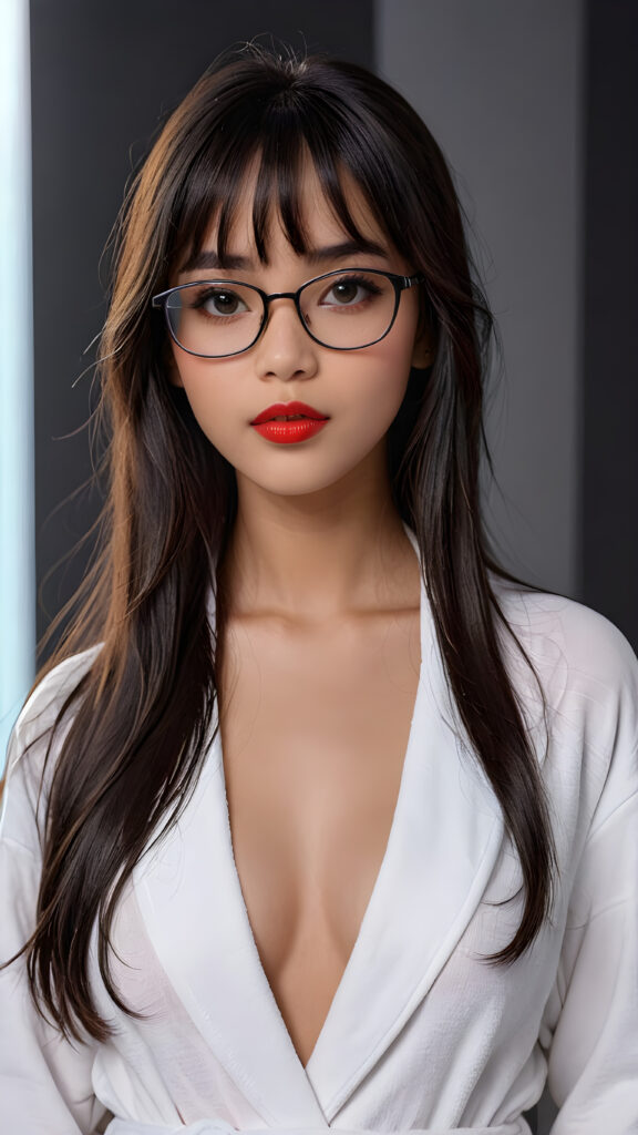 a young beautiful Exotic teen girl, wearing a large, dark prescription glasses, she wears a white bathrobe, she has (full red lips) and her mouth is slightly open, she has long (((detailed straight shoulder-length dark hair, bangs that are parted to the side))), and (realistic dark eyes), ((angelic face)), ((grey background)), perfect shadows, weak light falls into the picture from the side, perfect curved body, she looks seductively at the viewer, flawless skin, white teeth, ((side view)) ((ultra realistic photo)) ((stunning)) ((gorgeous)) ((4k)) ((upper body))