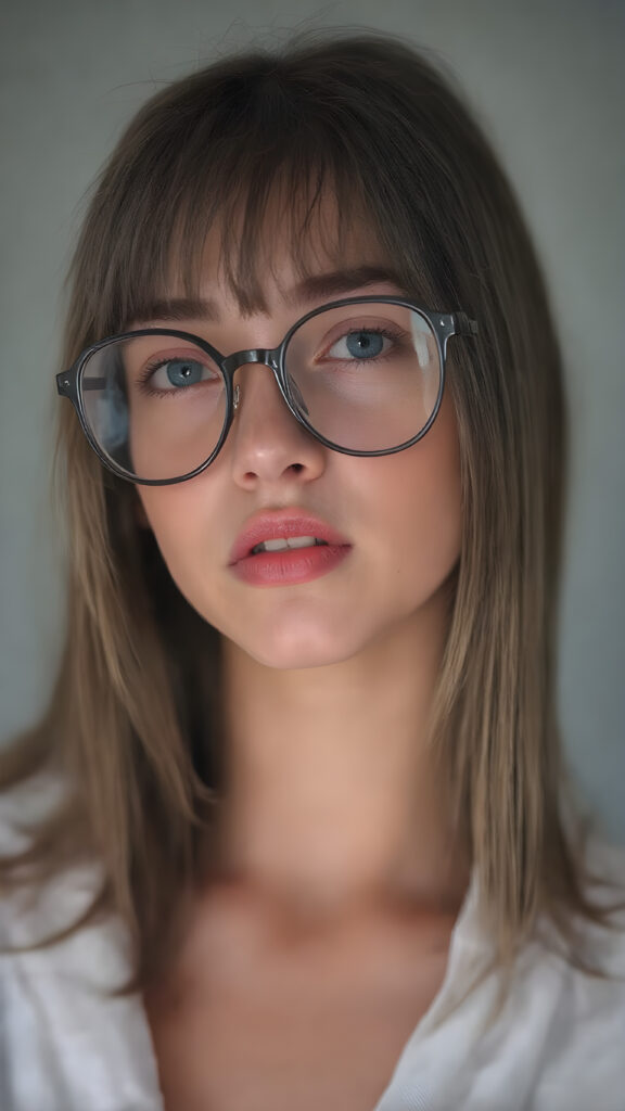 a young beautiful Exotic teen girl, wearing a large, dark prescription glasses, she wears a white bathrobe, she has (full red lips) and her mouth is slightly open, she has long (((detailed straight shoulder-length dark hair, bangs that are parted to the side))), and (realistic dark eyes), ((angelic face)), ((grey background)), perfect shadows, weak light falls into the picture from the side, perfect curved body, she looks seductively at the viewer, flawless skin, white teeth, ((side view)) ((ultra realistic photo)) ((stunning)) ((gorgeous)) ((4k)) ((upper body))