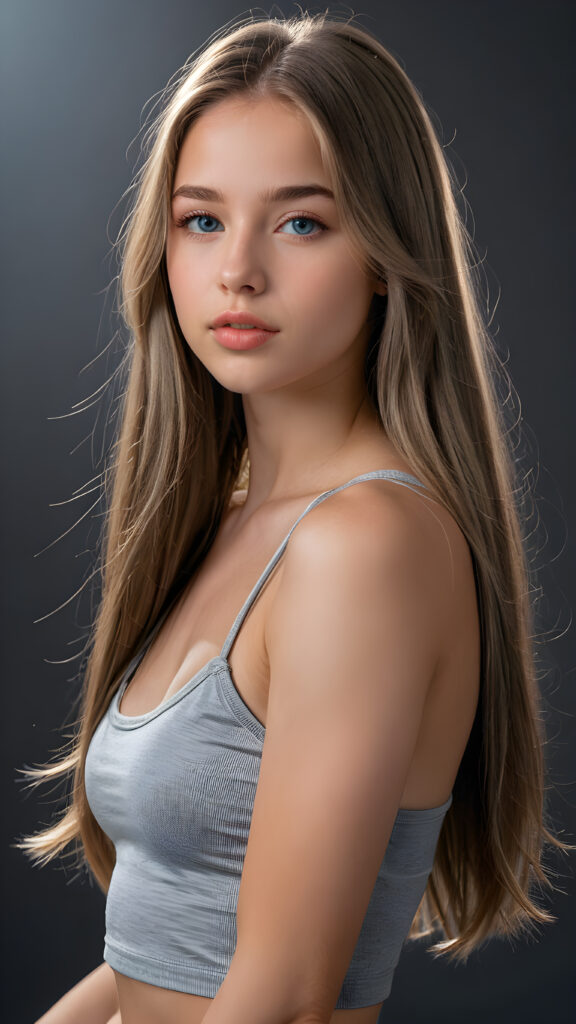 a young beautiful young teen girl, she has full lips and her mouth is slightly open ready to kiss, she has long (((detailed straight hair))) (her hair falls on her shoulders), and (realistic light blue eyes), ((angelic face)), black background, perfect shadows, weak light falls into the picture from the side, she wears a tight (((grey crop top))), perfect curved body, she looks seductively at the viewer, flawless skin, ((side view)) ((ultra realistic photo)) ((stunning)) ((gorgeous)) ((4k))