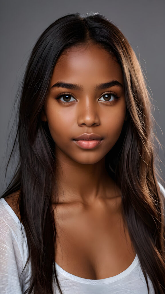 a young beautiful dark-skinned cute teen girl, straight hair, grey background, ((stunning)) ((gorgeous)) ((4k)) ((realistic detailed photo))