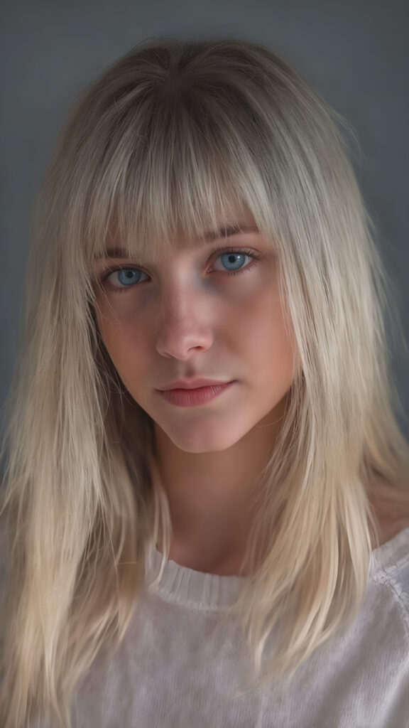 a young beautiful cute young fit Nordic teen girl, 13 years old, warm smile, dimmed light falls on her, she has long (((white straight long hair, bangs cut))) (her hair falls on her shoulders), and (realistic dark blue eyes), ((angelic round face)), in a dreamy, perfect shadows, she wears (a ((white tight silk sweater))), perfect curved fit body, she looks seductively at the viewer and smiles slightly, upper body, flawless skin, grey background, ((side profile)) ((ultra realistic photo)) ((stunning)) ((gorgeous)) ((4k))