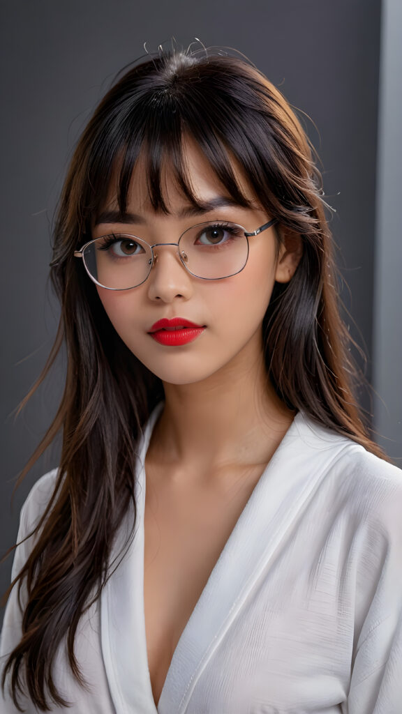 a young beautiful Exotic teen girl, wearing a large, dark prescription glasses, she wears a white bathrobe, she has (full red lips) and her mouth is slightly open, she has long (((detailed straight shoulder-length dark hair, bangs that are parted to the side))), and (realistic dark eyes), ((angelic face)), ((grey background)), perfect shadows, weak light falls into the picture from the side, perfect curved body, she looks seductively at the viewer, flawless skin, white teeth, ((side view)) ((ultra realistic photo)) ((stunning)) ((gorgeous)) ((4k)) ((upper body))