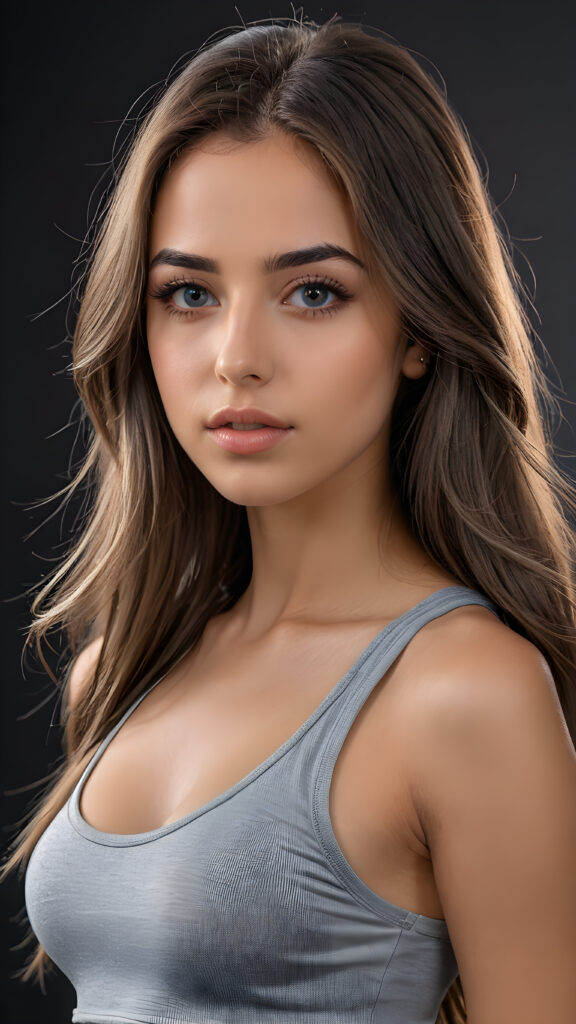 a young beautiful young girl, she has full lips and her mouth is slightly open ready to kiss, she has long (((detailed straight hair))) (her hair falls on her shoulders), and (realistic light blue eyes), ((angelic face)), black background, perfect shadows, weak light falls into the picture from the side, she wears a tight (((grey crop top))), perfect curved body, she looks seductively at the viewer, flawless skin, ((side view)) ((ultra realistic photo)) ((stunning)) ((gorgeous)) ((4k))