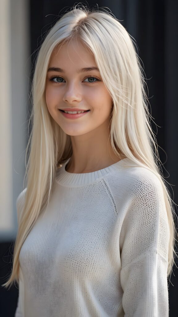 a young beautiful cute young fit Nordic daemonic teen girl, 13 years old, warm smile, dimmed light falls on her, she has long (((white straight long hair, bangs cut))) (her hair falls on her shoulders), and (realistic dark blue eyes), ((angelic round face)), in a dreamy, perfect shadows, she wears (a ((white tight silk sweater))), perfect curved fit body, she looks seductively at the viewer and smiles slightly, upper body, flawless skin, grey background, ((side profile)) ((ultra realistic photo)) ((stunning)) ((gorgeous)) ((4k))