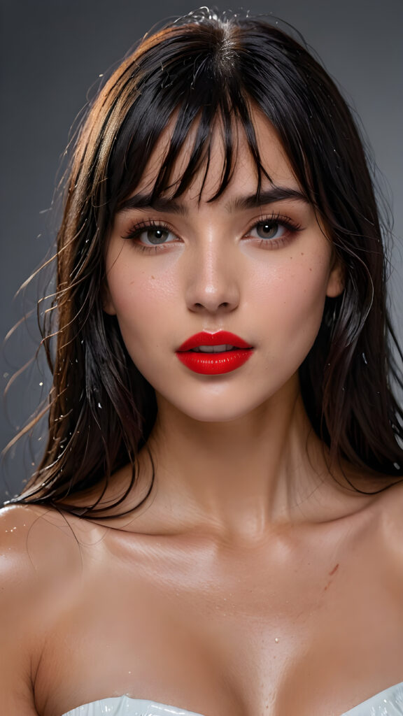 a young beautiful girl, wearing a large, she has (full red lips) and her mouth is slightly open, she has long (((detailed straight wet shoulder-length dark hair, bangs that are parted to the side))), and (realistic dark eyes), ((angelic face)), ((grey background)), perfect shadows, weak light falls into the picture from the side, perfect curved body, she looks seductively at the viewer, flawless skin, white teeth, ((side view)) ((ultra realistic photo)) ((stunning)) ((gorgeous)) ((4k)) ((upper body))