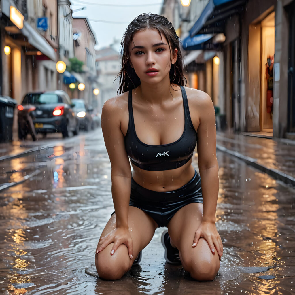 a young beautiful cute teen girl, is kneeling on the ground, heavy rain in the street, straight wet hair, she is sad, perfect curved fit body, dressed in a body-hugging manner, short crop sport tank top and short mini skirt, she looks seductive, full lips, perfect shadows, cinematic lights, ((stunning)) ((gorgeous)) ((4k)) ((realistic detailed photo)) ((front view))